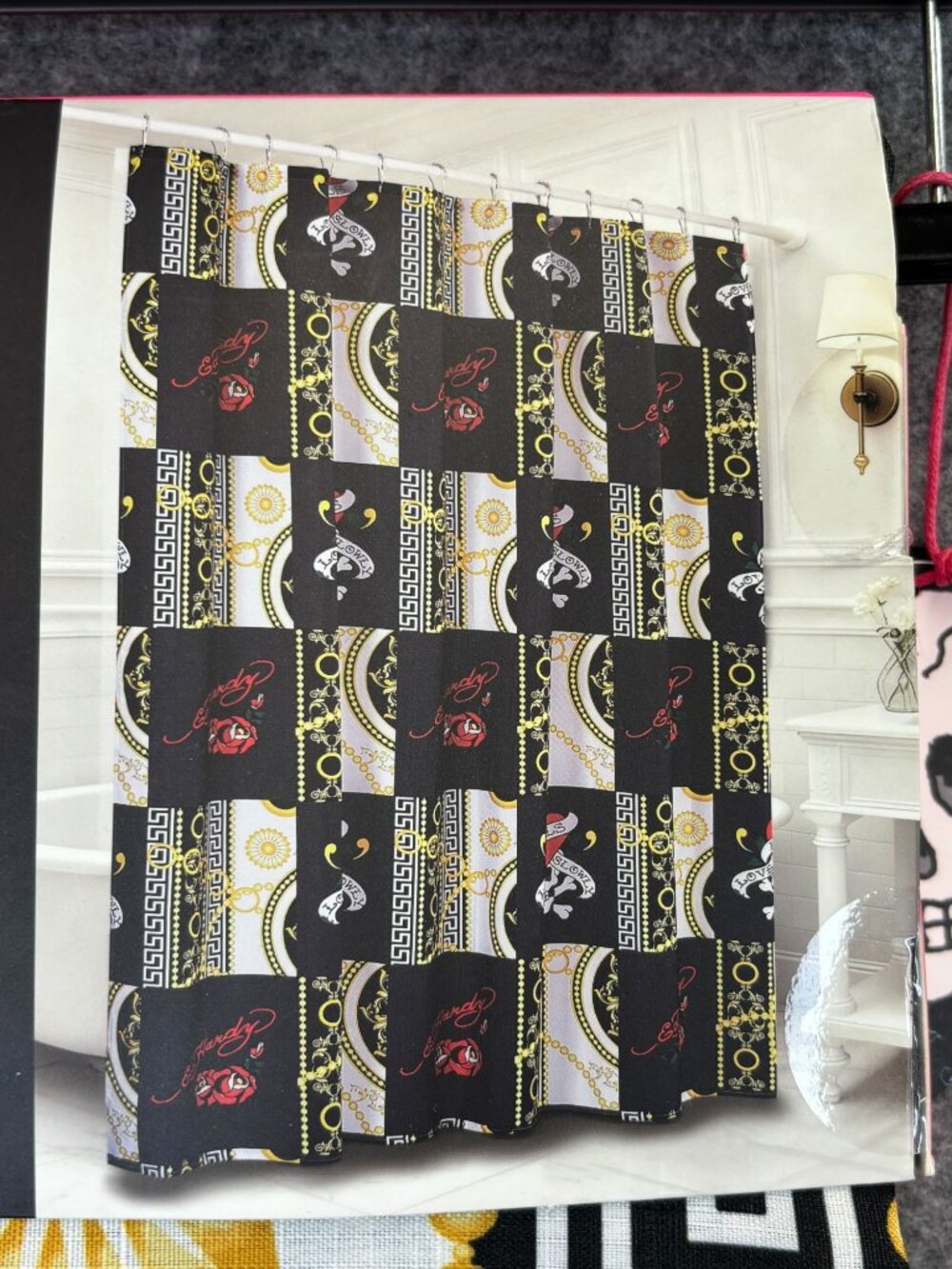 Ed Hardy Shower Curtain Set w 14 Piece w Hooks & Liner Black White Love Slowly
